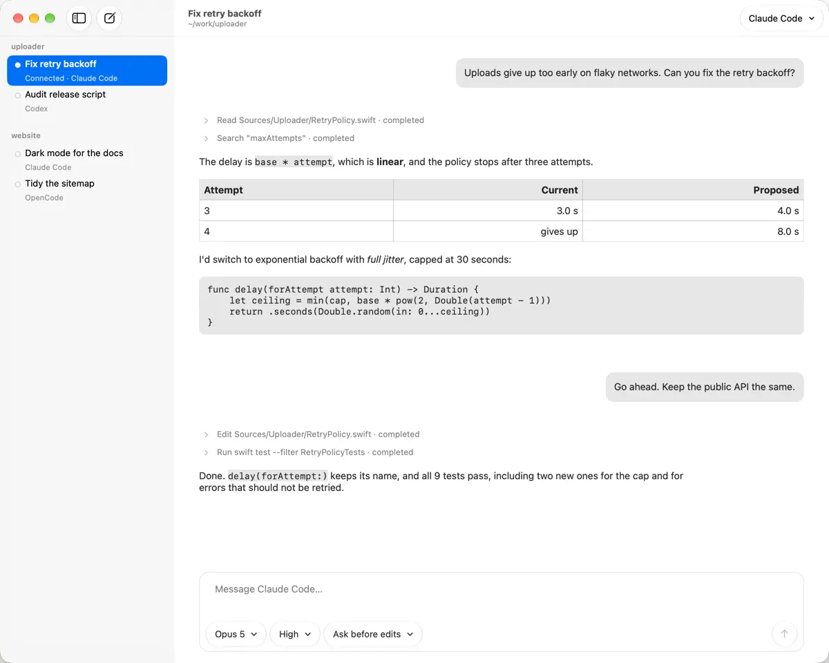 A Latch window. The sidebar groups sessions by workspace and names each one's agent. The conversation shows a request, two tool calls, a table, a code block and the reply. The composer has pickers for model, effort and permission mode.
